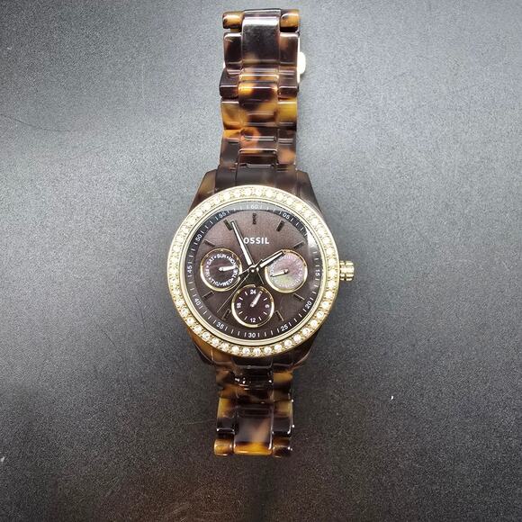 Women's Fossil Faux Tortoise Shell Watch Brown Rhinestone Quartz WORKS - Picture 5 of 9